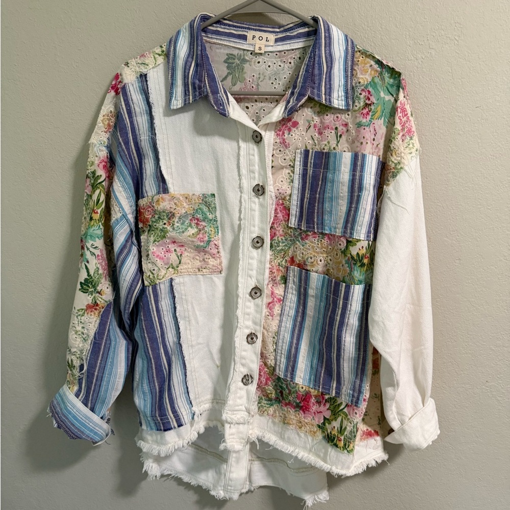 Pol Patchwork Floral Stripe Button Down Shirt Siz… - image 1